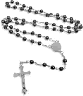 Terço Colar de Pescoço Masculino de Hematita Pedra Preta Negra São Bento com Crucifixo de Metal Unissex