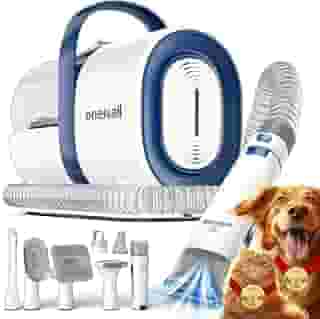 oneisall Aspirador para banho e tosa de cães, aspirador de cuidados para animais de estimação com cortador e lixador de unhas, copo de pó de 1,5 L, escova a vácuo com 7 ferramentas para banho e tosa