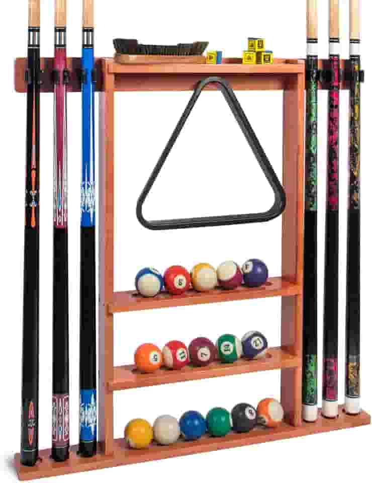 Suporte de taco de sinuca, suporte de parede para tacos de sinuca de madeira maciça para tacos de bilhar, comporta 6 tacos de bilhar e um conjunto completo de bolas, acessórios profissionais para mesa de bilhar ou clube