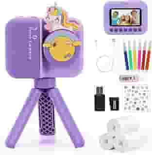 Câmera Infantil, Impressora Instantânea de Sem Tinta, Com Suporte Triângulo, Selfie, com Flash 32GB Cartão, Vídeo HD, Brinquedos Meninas Meninos com Crianças de 3 a 14 Anos (Roxa)