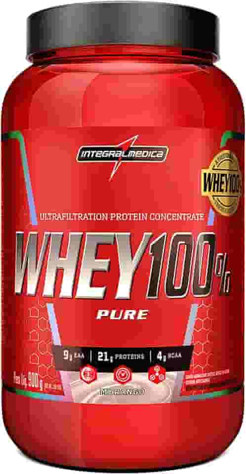 Integralmedica - Whey Protein Concentrado Morango 100% Pure - 21g de Proteína por Scoop, Suplementação Alimentar Pós-Treino, Fórmula Enriquecida com BCAAs - Pote 900g