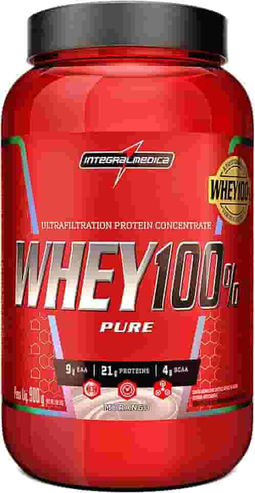 Integralmedica - Whey Protein Concentrado Morango 100% Pure - 21g de Proteína por Scoop, Suplementação Alimentar Pós-Treino, Fórmula Enriquecida com BCAAs - Pote 900g