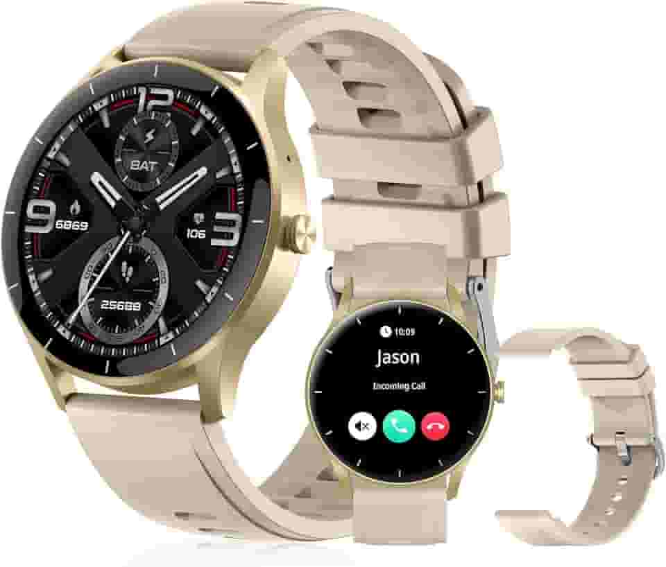 Smartwatch PEJE Relógio Smartwatch com Pulseira Extra - Tela Touch HD 1.28",À Prova d'Água IP68,Faz Chamadas Bluetooth,123+ Modos Esportivos,Bateria de 5-7 Dias,Compatível com iOS/Android.（Dourado）