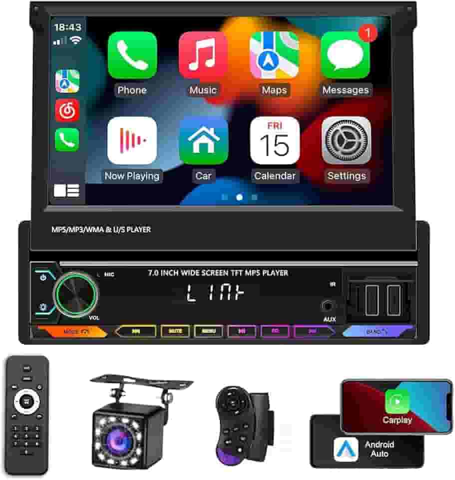 Tela Retrátil Multimidia 7 polegadas com Apple CarPlay, Android Auto, Controle do volante e câmera, Estéreos automotivos ideais para uma direção segura e uma experiência musical imersiva