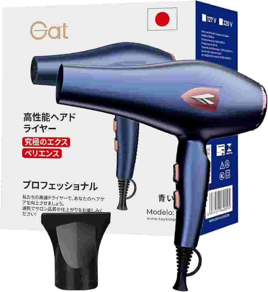 Gat Secador de Cabelo Profissional 1800W – Potente Motor Turbo, Rápida Secagem, Controle de Temperatura, Compacto e Portátil Ideal para Viagem e Uso Doméstico (Azul, 127V)