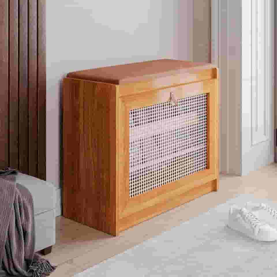 Sapateira Banco Com Assento Em Corino Marrom Porta Basculante Madeira