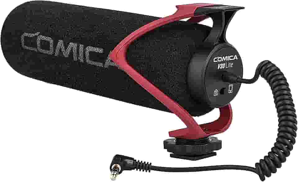 COMICA CVM-V30 LITE Microfone Shotgun Supercardioide de Vídeo para Câmeras DSLR Canon, Nikon, Sony e Panasonic, Microfone Condensador com Cabo de 3,5 mm Compatível com iPhone e Android (Vermelho)