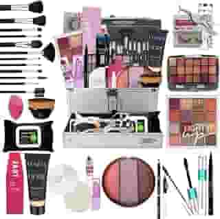 Kit Maleta de Maquiagem Completa Qualidade Premium, 12 Pinceis Profissional Macria + kit de Maquiagem + Kit de Acessorios - COR DA BASE MÉDIA