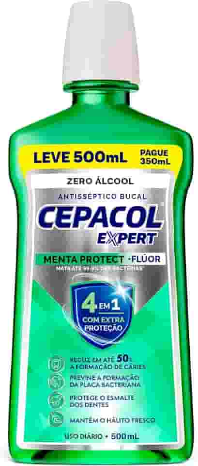 Cepacol - Enxaguante Bucal Expert Menta Protect - Sem Álcool, Com Flúor, Refrescante e Anticáries - 500ml