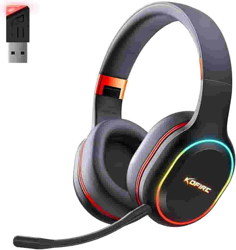 KOFIRE Fone de ouvido para jogos sem fio de 2,4 GHz/fone de ouvido Bluetooth para Nintendo Switch, PC, PS5, PS4, feedback de vibração com microfone com cancelamento de ruído, luz LED - preto