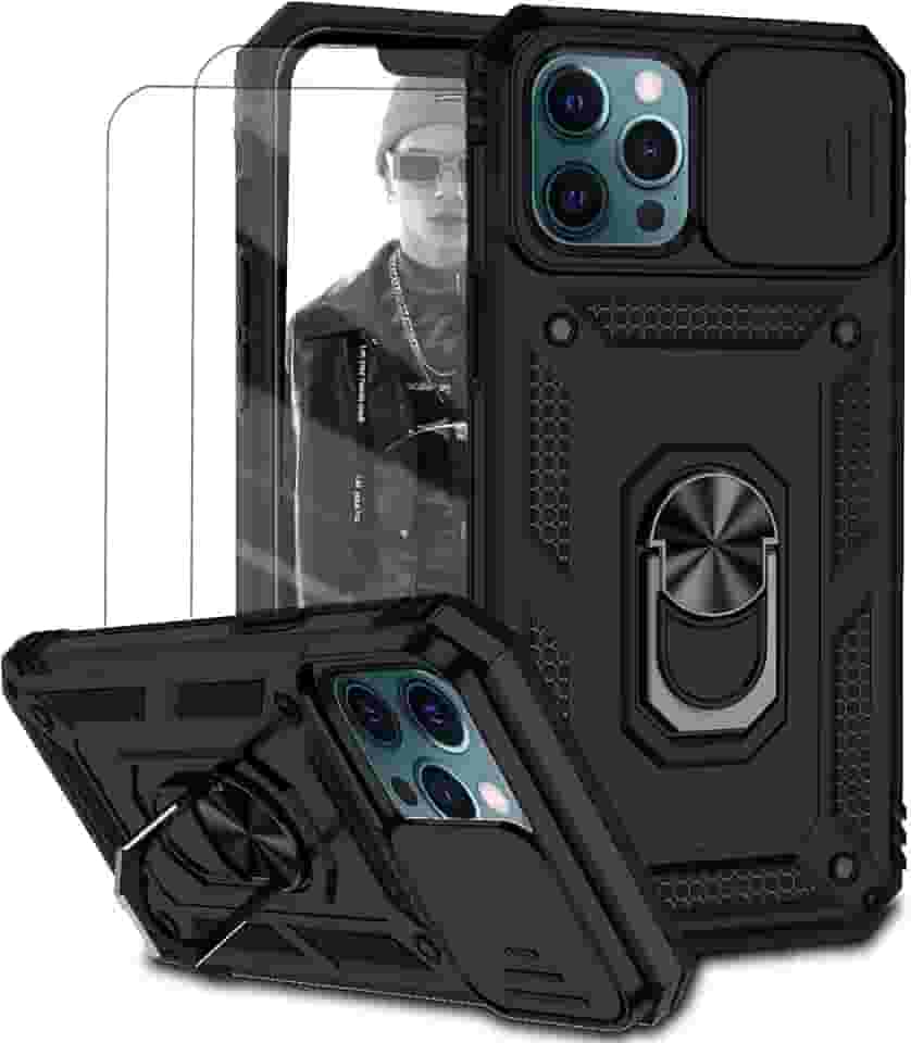 Capa para iPhone 12 Pro Max Capinha | com 2 peças de protetor de tela temperado com janela deslizante da câmera e suporte para telefone incluídos - Preto