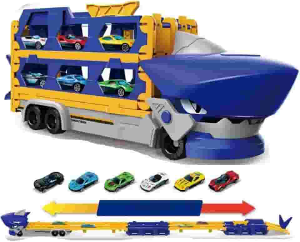 KIDS Caminhão Tubarão Cegonha, Pista de 1,65m com 6 Carrinhos de Metal
