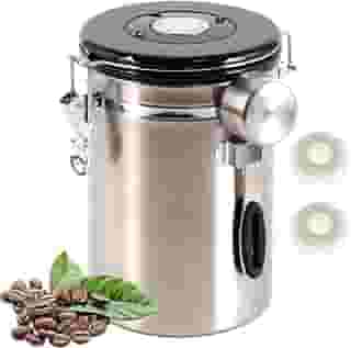 SUEIANNMN Vasilha de Café de 1,8L Hermética, Recipiente de Armazenamento de Café de 26 Onças Frasco de Café Hermético de Aço Inoxidável com Colher, Rastreador de Data, 2 Válvulas de Liberação de Co2 E