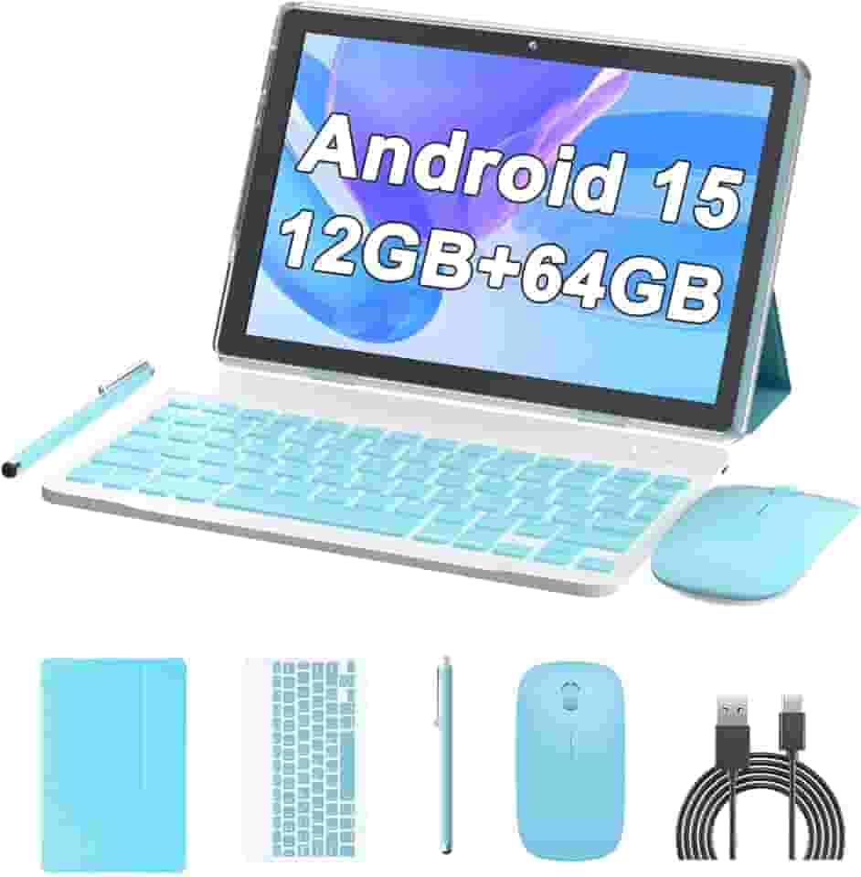Tablet de 10 polegadas Android 15 (não vai), tablets 2 em 1 com teclado 12 GB de RAM + 64 GB de ROM (suporta expansão de 1 TB) Tableta 2 MP + câmera de 8 MP 6000 mAh, mouse/capa/Stylus 5G Wifi-6