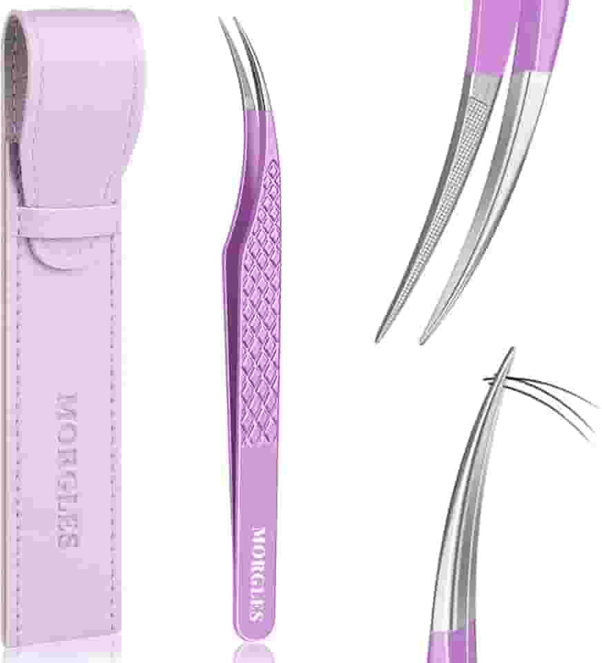 MORGLES Pinças de isolamento, extensões de cílios, pinças de extensão de cílios curvadas para isolamento de volume de cílios com bolsa, roxo