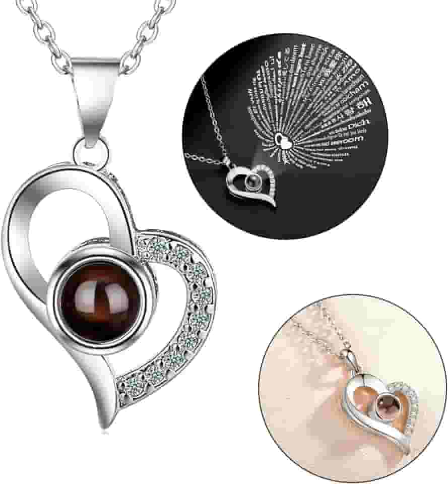 Colar De Coração Eu Te Amo Projeção 100 Idiomas Línguas Refletor Prata Presente Dia dos Namorados Declaração Amor Romântico Exclusivo