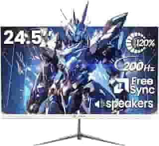 CRUA Monitor de jogos branco de 24,5 polegadas, monitor de computador com tela VA 200Hz FHD (1920 * 1080P), suporta sincronização livre, 120% sRGB, filtro de luz azul, alto-falantes embutidos