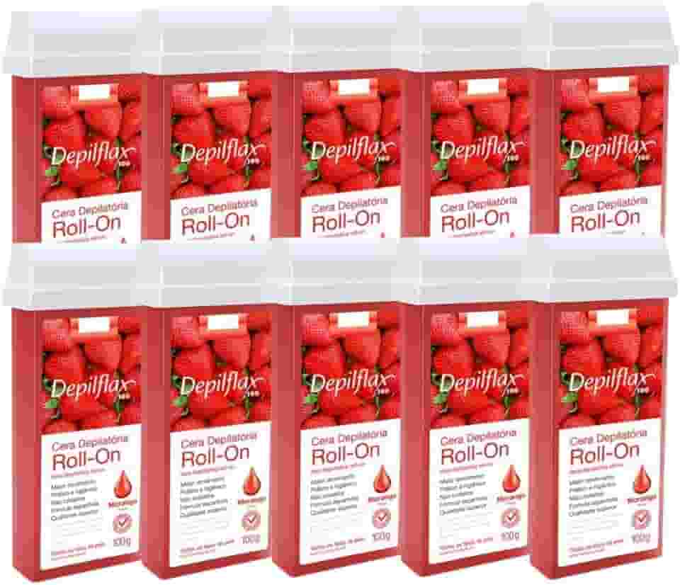 Kit 10 Refil Cera Depilatoria Corporal Profissional Depilação Roll On Depilflax Morango 100g