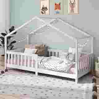 IDIMEX Cama Montessoriana Madeira Solteiro com Grade Casa com Estrado Lisan Branca