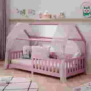 IDIMEX Cama Infantil Menina Montessoriana Solteiro 88x188 Casinha Madeira com Estrado Nina cor Rosa com grade