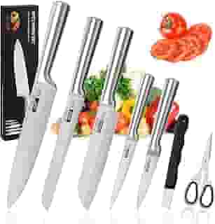Conjunto de 7 Facas Profissionais em Aço Inoxidável 3CR13, Durável Antiferrugem e Anticorrosão, Garantia de 10 Anos,Ultra Afiadas e Precisão Suíça, V-Sharp 15° Lâminas Inteiriças Conjunto de Cozinha
