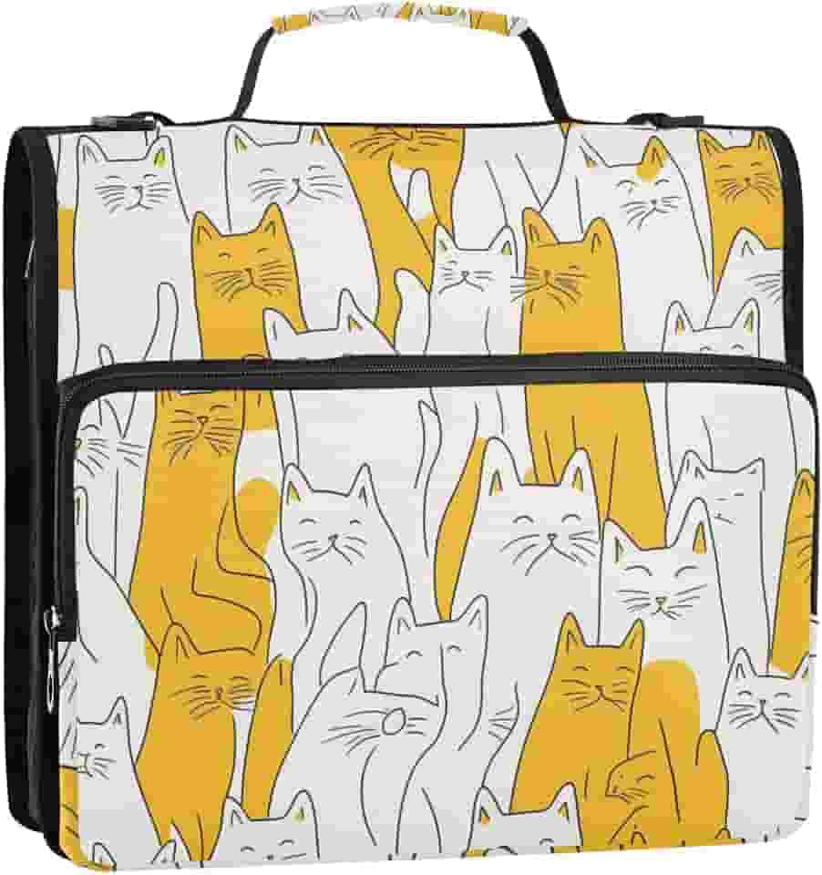 Fichário de desenho animado com 3 anéis amarelos Siamesecats com alça e alça de ombro removível, fácil de carregar, organizador de fichários escolares adequado para organizadores de ensino médio