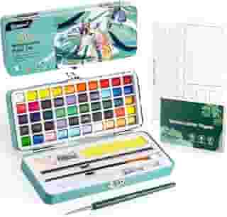 Prudiut Conjunto de tinta aquarela, 50 cores, conjunto de aquarela com papel aquarela, paleta, pincéis, ideal para adultos crianças iniciantes artistas