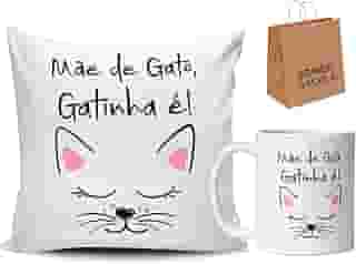 Kit Almofada e Caneca Personalizada Frase Mãe de gato Gatinha é Presente