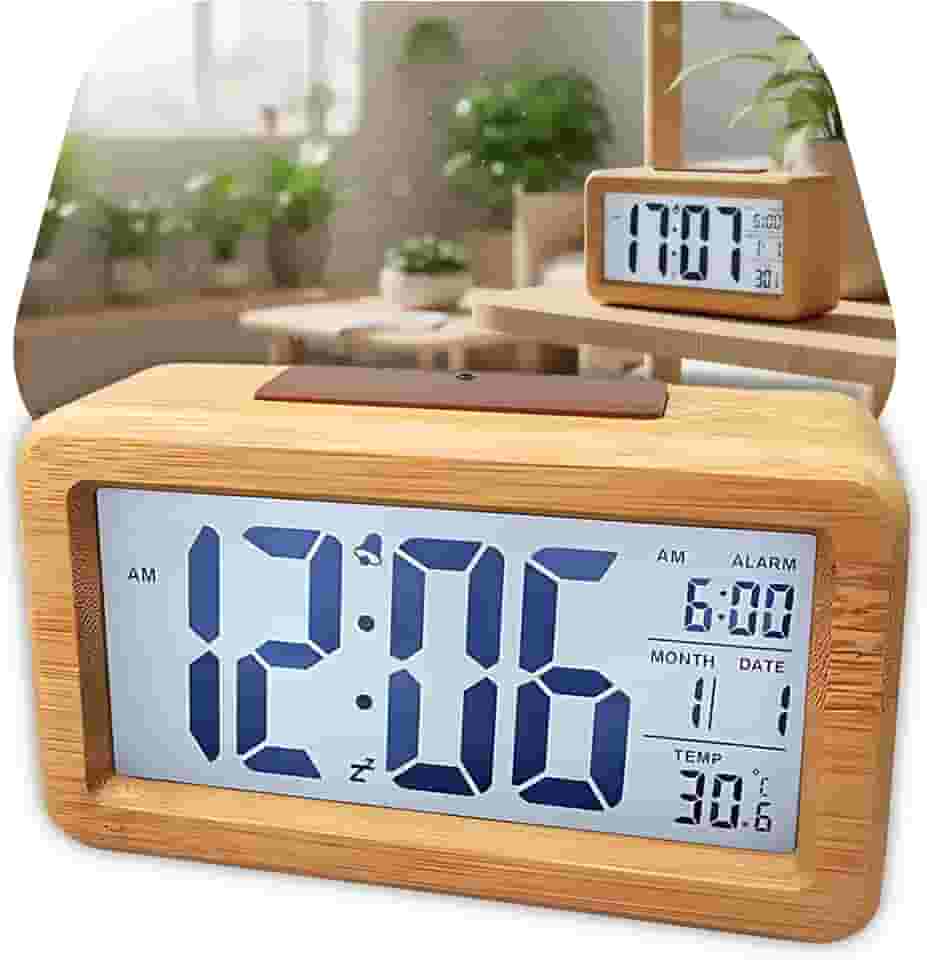 Relógio Despertador Digital LCD Madeira Bambu Decorativo Design Moderno Clássico Vintage com Sensor de luz Noturna Inteligente Função Soneca Moderno Ambiente Quarto Sala Escritório Consultório