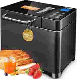 KBS Máquina de fazer pão 17 em 1 com aquecedores duplos, máquina de pão 710W com configuração sem glúten, dispensador automático de porca de frutas, painel de cerâmica e toque panela, 3 cores de crosta, aço inoxidável escovado/preto