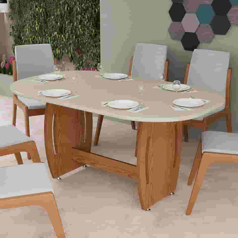 Mesa de Jantar Oval 6 Lugares em MDF Base Fixa e Tampo Amplo para Sala de Jantar ou Cozinha (Off White)