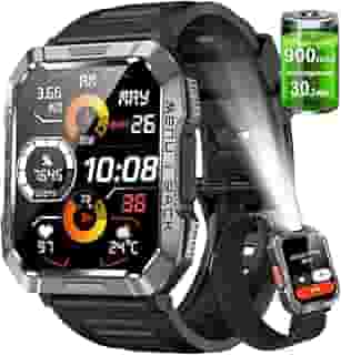 Smartwatch,Relógio Inteligente Militar Masculino,My Watch de Chamadas Bluetooth,Bateria de 100 dias,Lanterna, Rastreamento de passos,Esportes ao ar Livre Smart Watch(Preto)