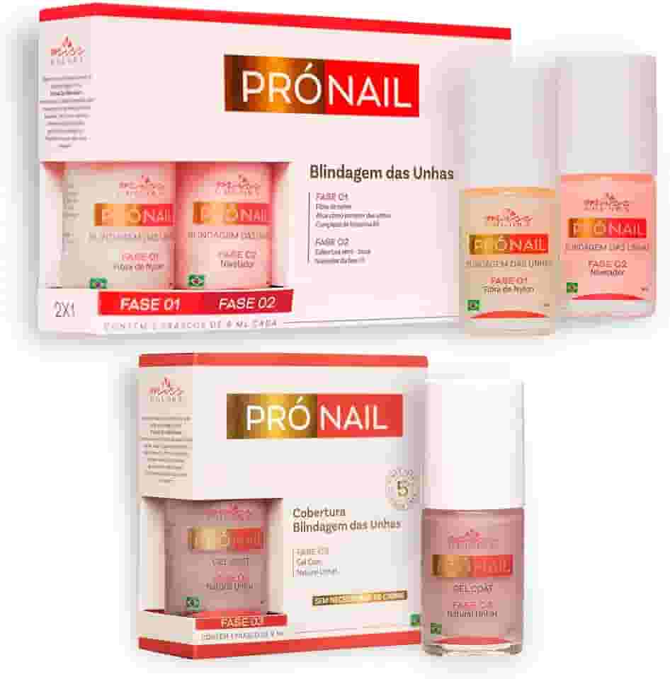 Kit Blindagem de Unhas Pró Nail Miss Colors – Fase 1 e Fase 2 + Fase 3 Gel Coat Nude | Fortalecedor com Fibras de Nylon com Pró-Vitamina B5 e Nivelador | Acabamento Natural e Duradouro – 3 Frascos de 9ml