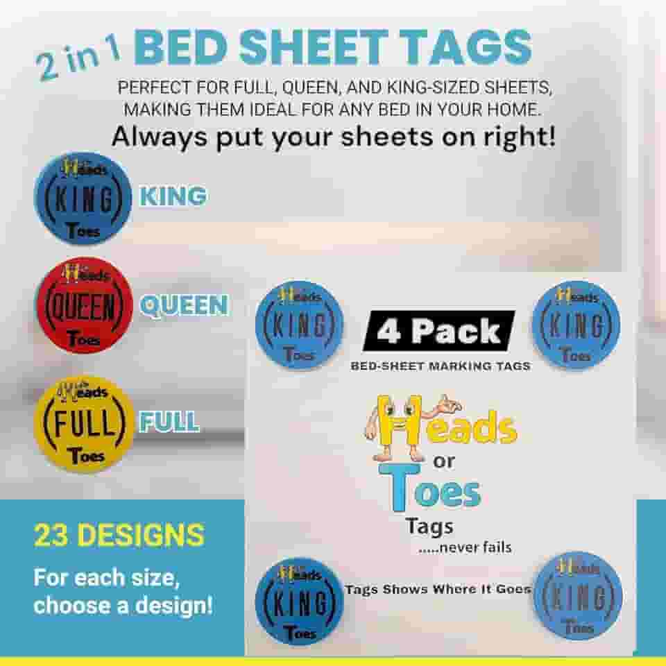 Etiquetas de marcação de lençol 2 em 1 - King, Queen ou casal. Para cada tamanho, escolha um design. Além de identificação rápida para colocar seus lençóis de cama na direita, ótimas ideias de
