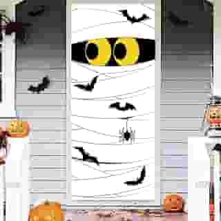 Linda capa de porta de Halloween, decorações de porta de Halloween, decorações de parede de Halloween, decorações de Halloween para porta da frente, faixa de porta de múmia para Halloween, ambientes