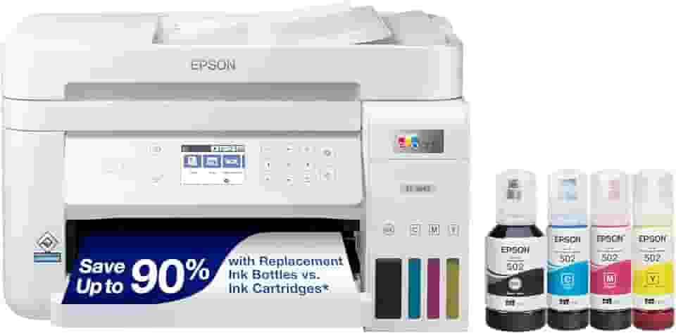 Epson EcoTank ET-3843 Impressora Supertank colorida sem cartucho, sem cartucho, com scanner, copiadora, ADF e Ethernet - para o melhor escritório em casa, branco