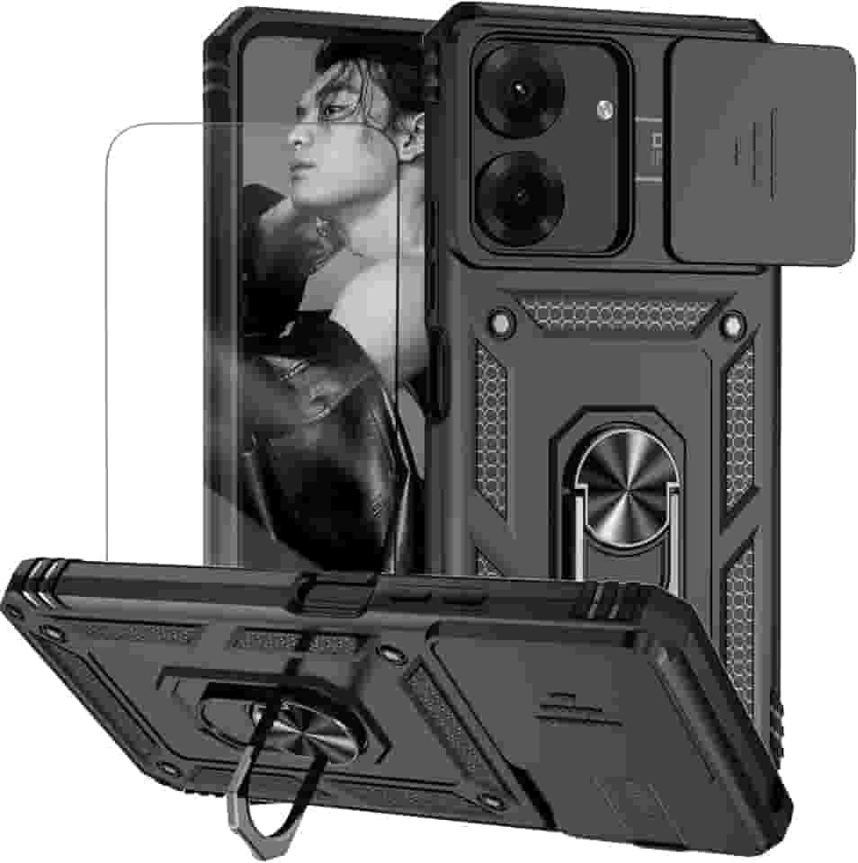 Capa para Redmi 13C e Xiaomi Poco C65 Capinha | com 2 peças de protetor de tela temperado com janela deslizante da câmera e suporte para telefone incluídos - Preto