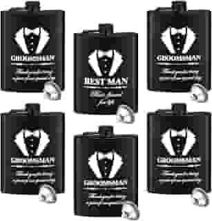 Zubebe 6 conjuntos de presentes de proposta de padrinho de 227 g cantil de padrinho com funis para casamento, melhor homem, cantil gravado para homens, garrafa de licor de noivo para despedida de