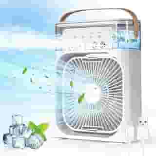 Ventilador de ar condicionado portátil, Mini Ar Condicionado Umidificador Climatizador com tanque de água de 600ml, 3 velocidades de vento e pulverizador de 5 furos com luz LED de 7 cores
