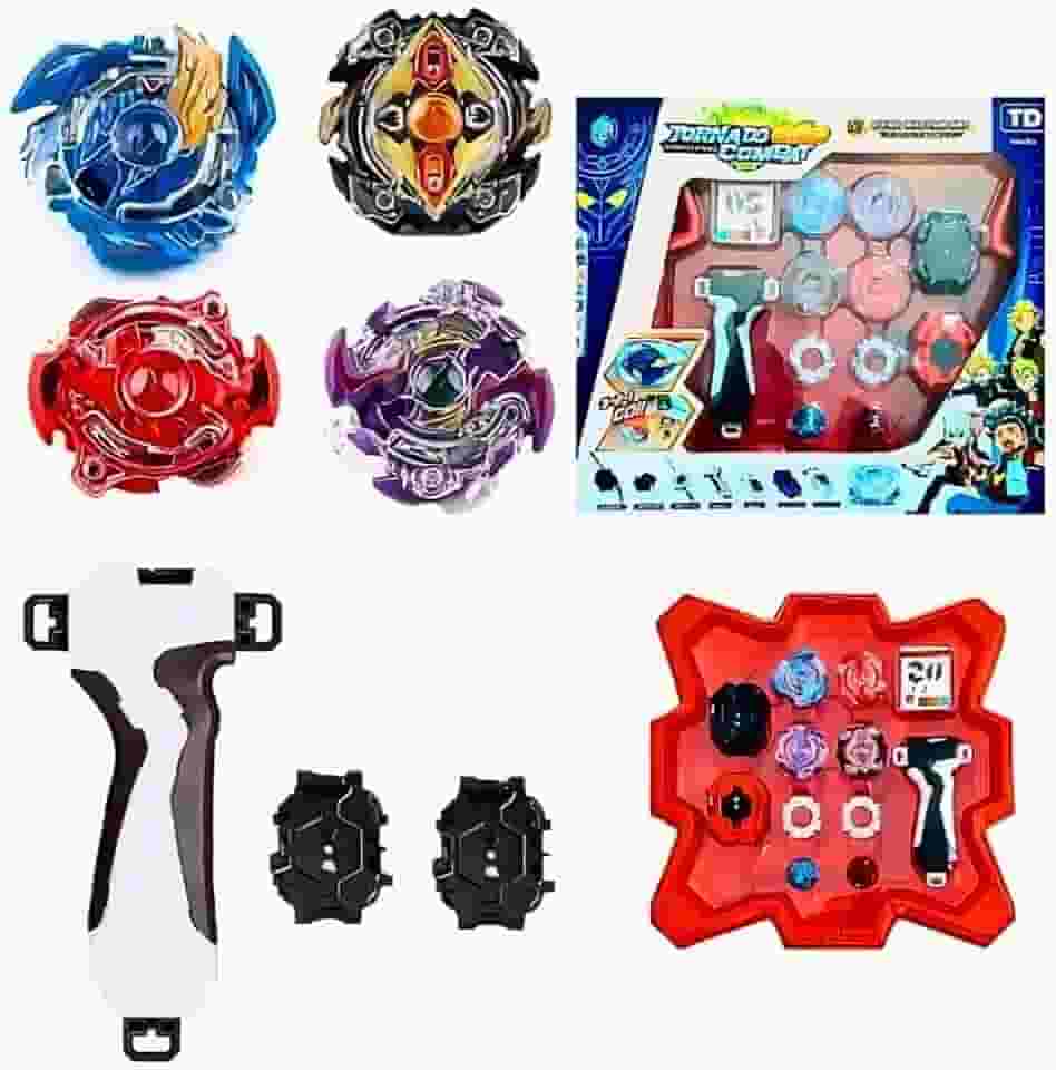 Genérico Kit Beyblad 4 In 2 + 2 Lançadores + Arena (34cm) 2 Lançadores 2 Cremalheiras, Brinquedo Jogo de Pião para 3+ Anos