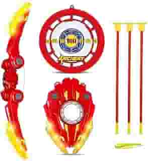 IKIDSUN Conjunto infantil de arco e flecha, conjunto de brinquedos de tiro com arco e luz LED com 1 laço, 3 ventosas, 1 alvo, brinquedos internos e externos para crianças, presentes de aniversário de