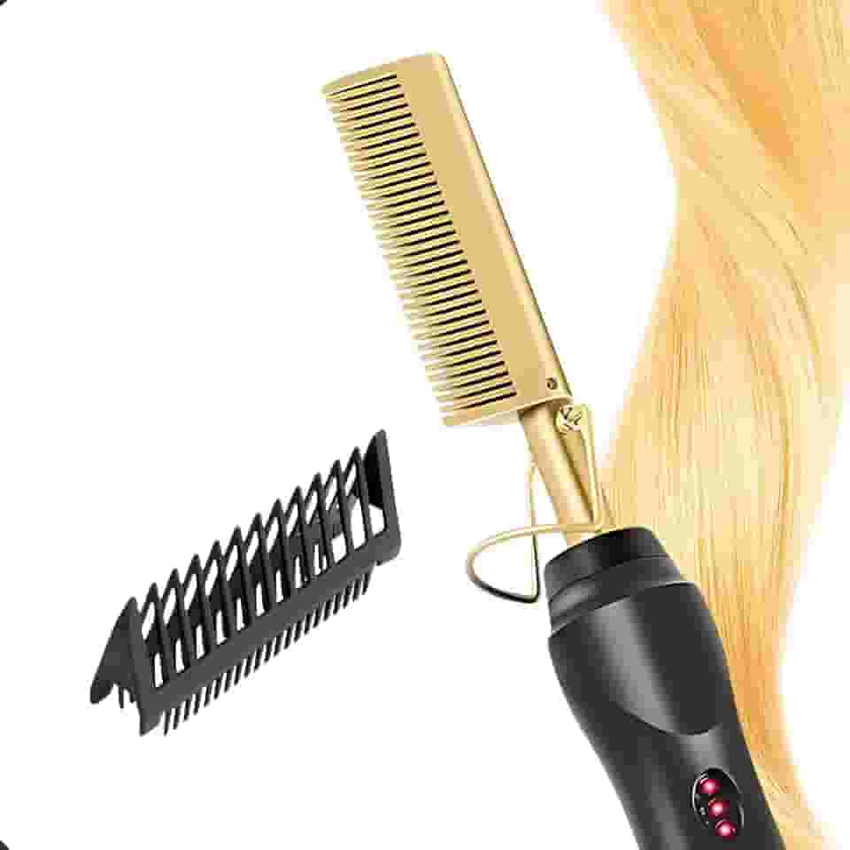 Pente Alisador Modelador Elétrico Profissional + Protetor – Escova de Aquecimento Rápido com Ajuste de Temperatura para Todos os Tipos de Cabelo