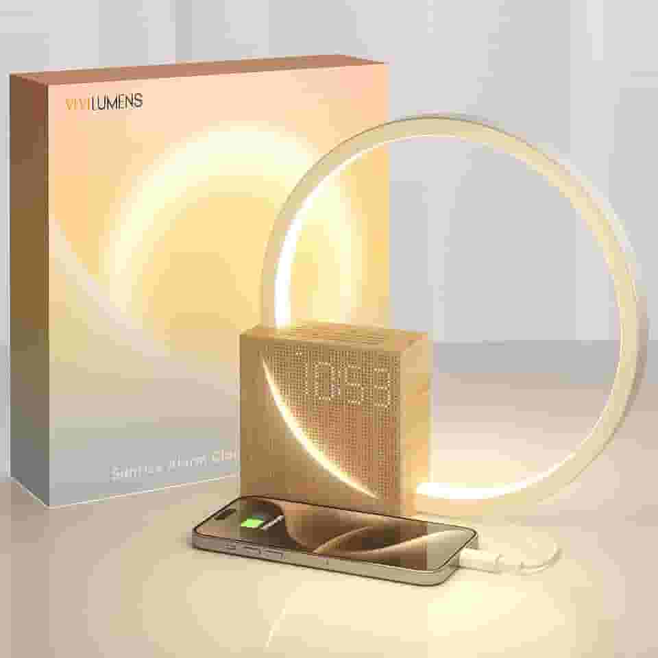 Vivilumens Despertador Sunrise para adultos com sono pesado, luz de despertar, auxílio de sono, 10 máquinas de som de ruído branco com temporizador 30/60/90, luminária de mesa sensível ao toque de 3