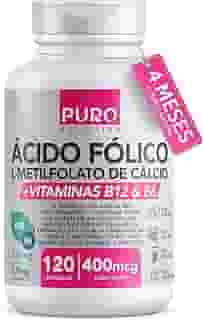 L-Metilfolato Ácido Fólico Puro Nutrition, 400 mcg de Ácido Fólico, Vitaminas B12 e B6, 120 Cápsulas