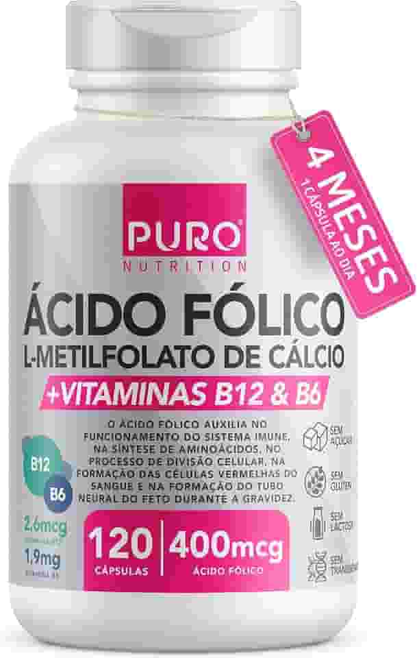 L-Metilfolato Ácido Fólico Puro Nutrition, 400 mcg de Ácido Fólico, Vitaminas B12 e B6, 120 Cápsulas