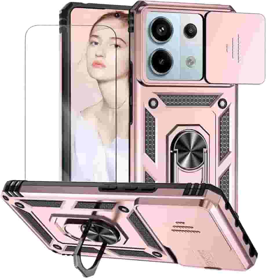 Capa para Xiaomi Poco X6 e Redmi Note 13 Pro 5G Capinha | com 2 peças de protetor de tela temperado com janela deslizante da câmera e suporte para telefone incluídos - Rosa