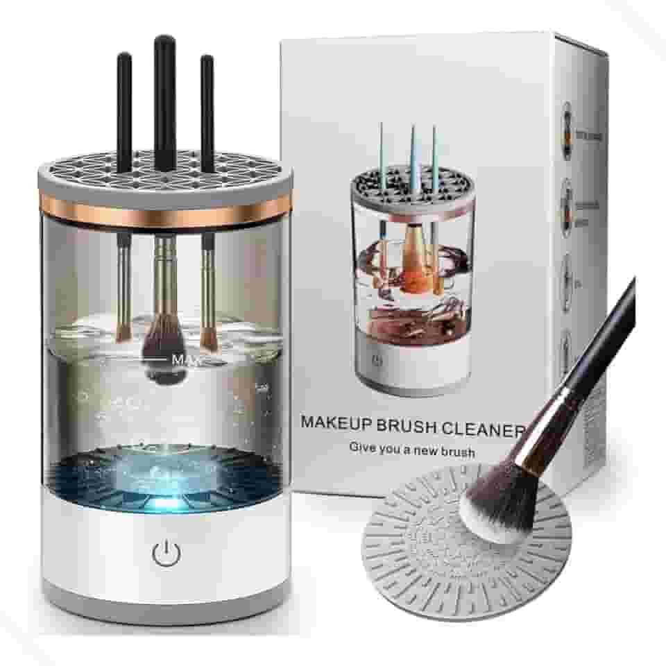 Maquina Limpador Limpeza De Pincéis De Maquiagem Prático, limpador de pincéis de maquiagem elétrico limpador de pincéis cosméticos automático com escova limpa tapete giratório limpador de pincéis de maquiagem (Branco / Fume)