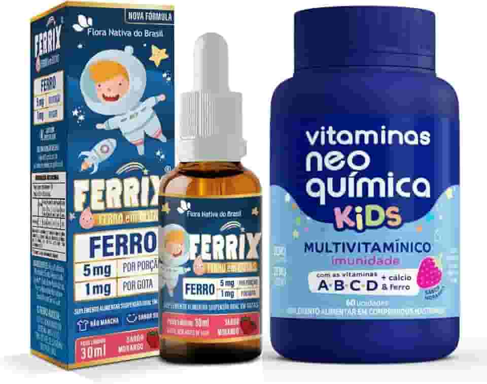 Kit Nutrição Infantil Completa – Ferrix Ferro Infantil 30 ml + Vitamina Kids Neo Química 60 Cápsulas – Suporte ao Crescimento e Imunidade – Sabor Morango