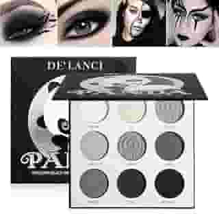 ecofavor Paleta de sombras pretas esfumaçadas, DE'LANCI PANDA 9 cores preto verdadeiro cinza escuro fumê gótico palete de maquiagem, 9 cores fosco suave brilho alto pigmentado básico preto branco