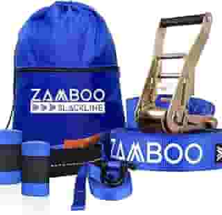 Slackline Zamboo Kit StartLine 15m x 50mm Azul Com Catraca Reforçada, Bolsa, BackUp e Protetores Suporta 3 Ton Ideal para Iniciantes Desenvolve Equilíbrio, Coordenação e Tonifica os Músculos